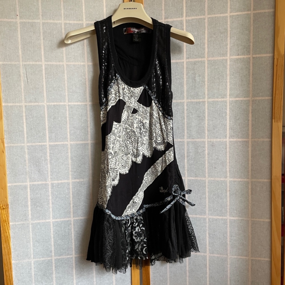 Desigual stretchy fitted black/white mini dress, size M, adjustable length